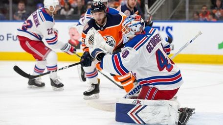 Josh Currie #43 of the Edmonton Oilers takes