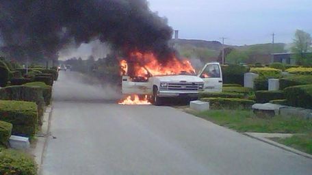 A fire engulfed a landscaping truck Monday morning