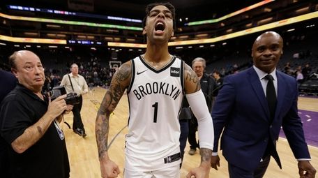 Brooklyn Nets guard D'Angelo Russell celebrates as he