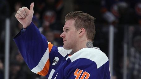 Islanders goalie Robin Lehner celebrates a shutout against