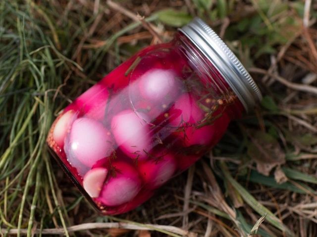 House-made pickled quial eggs at Feisty Acres, a