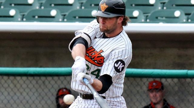 Ducks outfielder Kirk Nieuwenhuis bats in a game... Ducks outfielder Kirk Nieuwenhuis bats in a game
