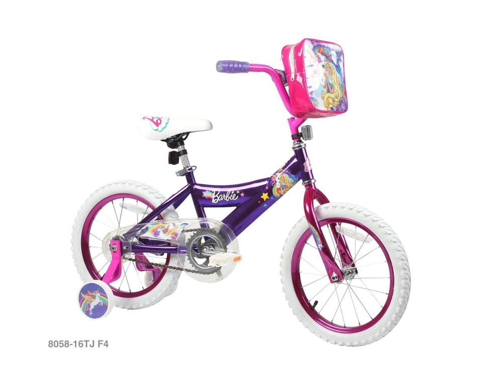 This pink and purple 16-inch Barbie bike comes
