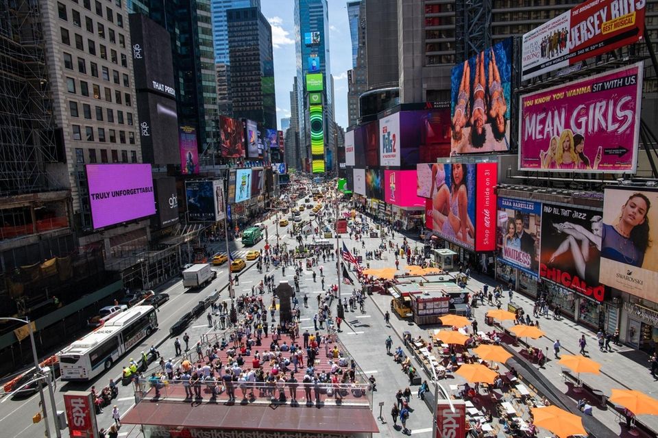 Views of pedestrian plazas in Times Square in