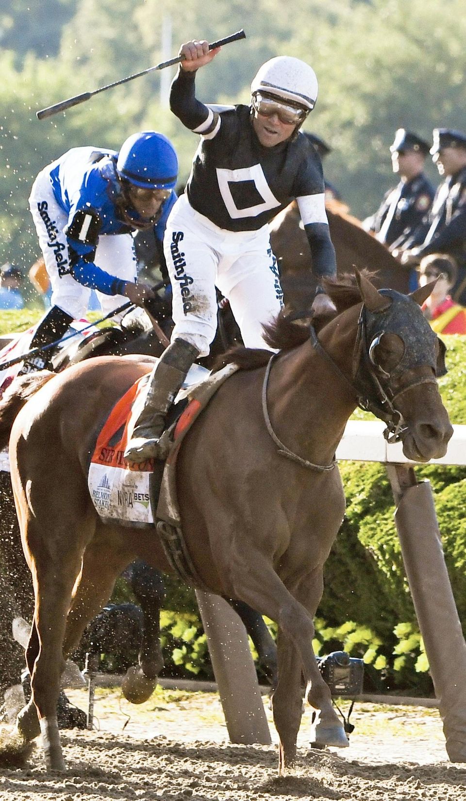 Jockey Joel Rosario celebrates after crossing the finish