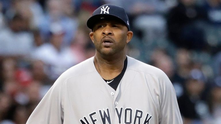Yankees starting pitcher CC Sabathia looks to the