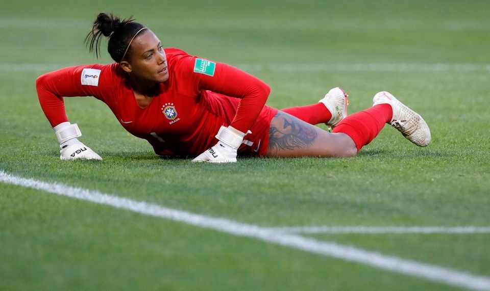 Brazil goalkeeper Barbara reacts after makes a save