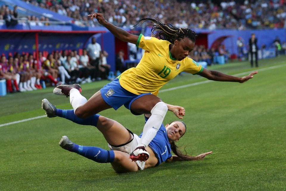 Brazil's Ludmila, left, falls on Italy's Alia Guagni