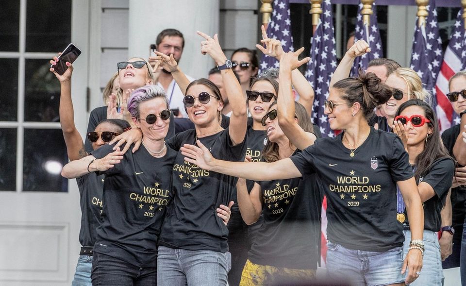Members of the U.S. women's soccer team celebrate