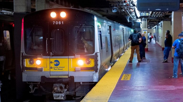 A Long Island Rail Road train pulls up