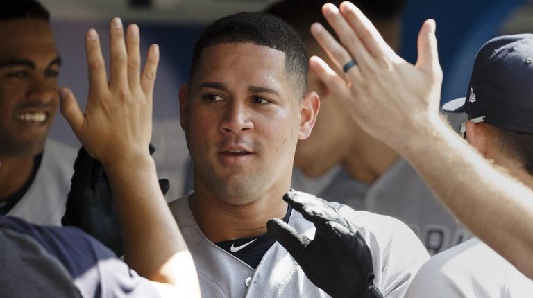 Gary Sanchez #24 of the Yankees celebrates his