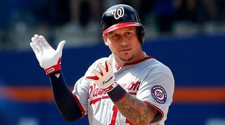 The Nationals' Asdrubal Cabrera reacts after his seventh-inning
