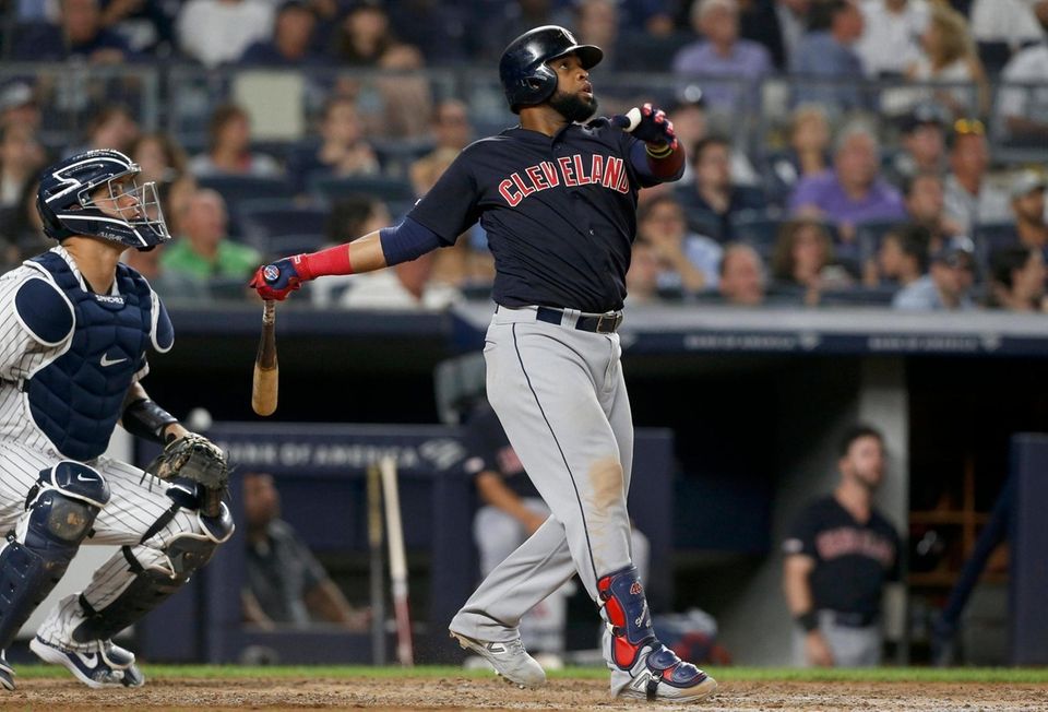 Carlos Santana #41 of the Cleveland Indians follows