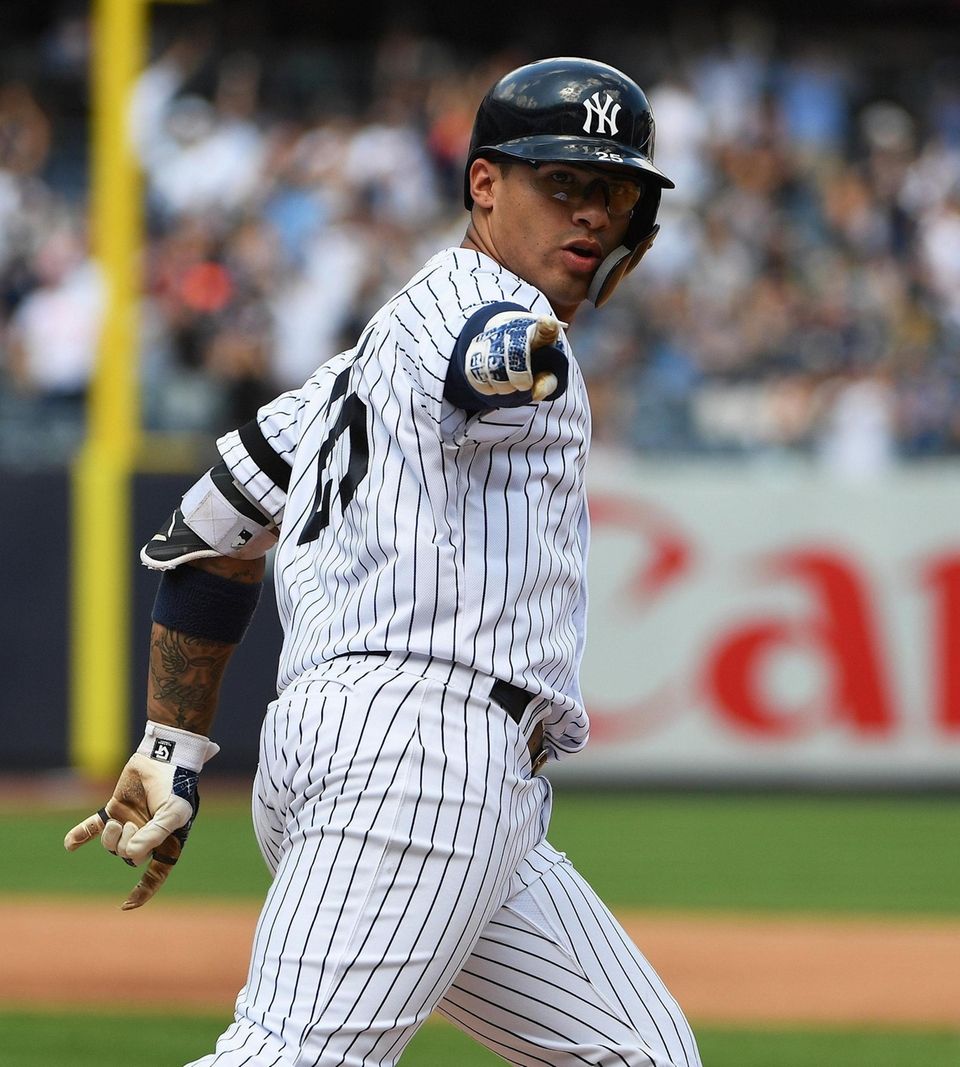 New York Yankees shortstop Gleyber Torres reacts to