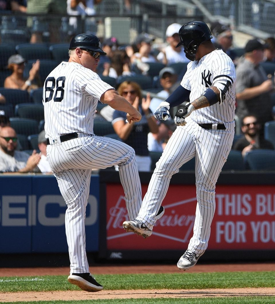 New York Yankees shortstop Gleyber Torres celebrates his