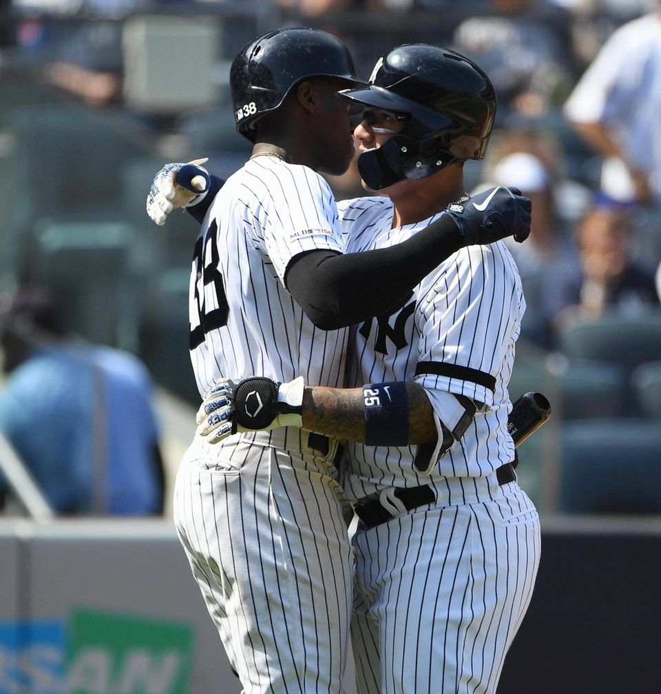 New York Yankees shortstop Gleyber Torres is greeted