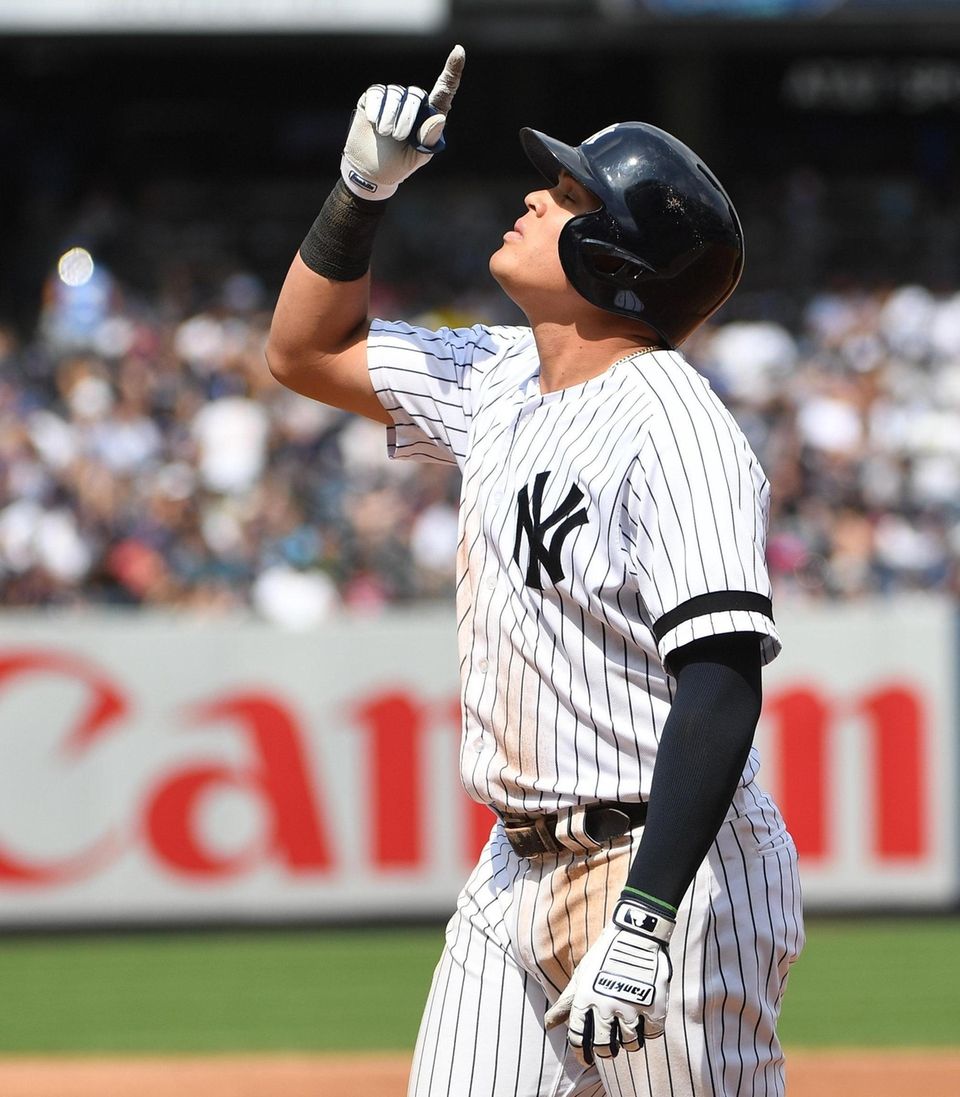 New York Yankees' Gio Urshela reacts after he
