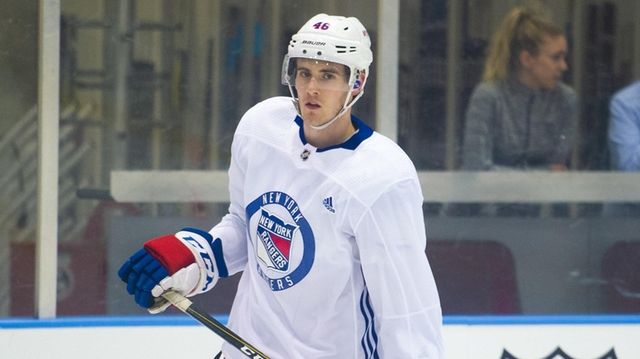 Defenseman Rob O'Gara (46) skates during Rangers training