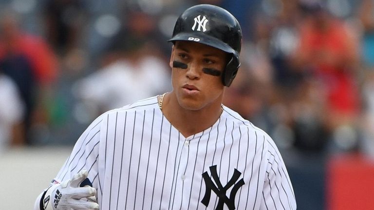 Yankees rightfielder Aaron Judge reacts on second base