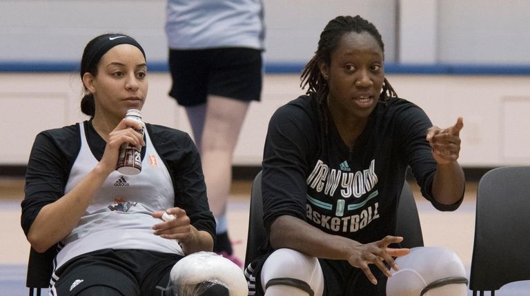 New York Liberty's Bria Hartley, left, and Tina