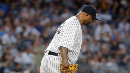 CC Sabathia #52 of the Yankees looks on