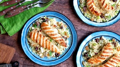 Chicken cooked in a grill pan is served