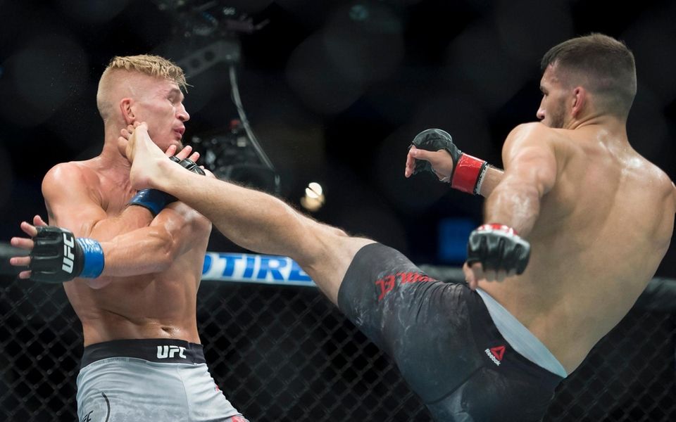 Lightweight fighters Kyle Prepolec, right, and Austin Hubbard