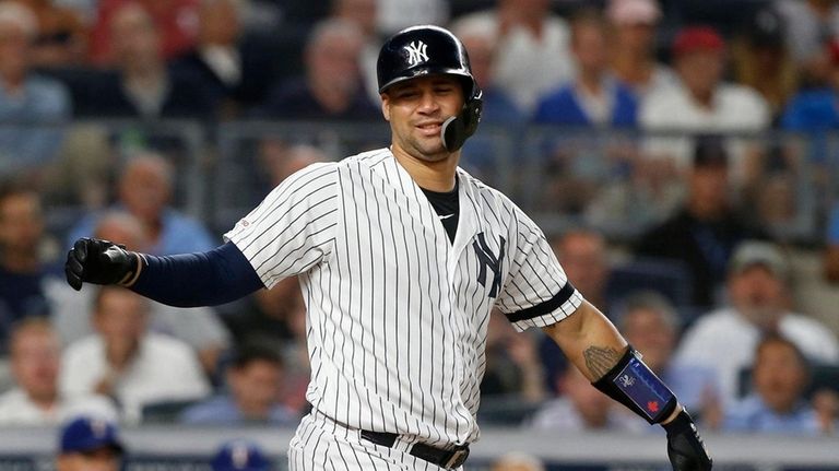 Gary Sanchez #24 of the Yankees reacts after
