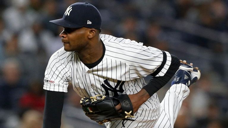 Domingo German of the Yankees pitches against the