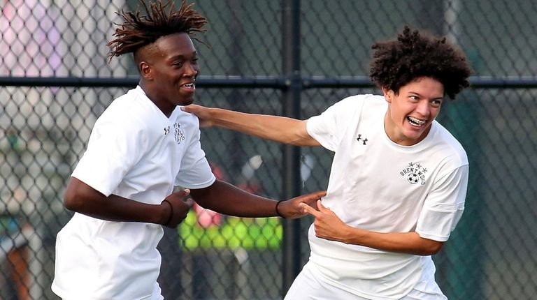 Brentwood's Christopher Cerna celebrates his goal with teammate