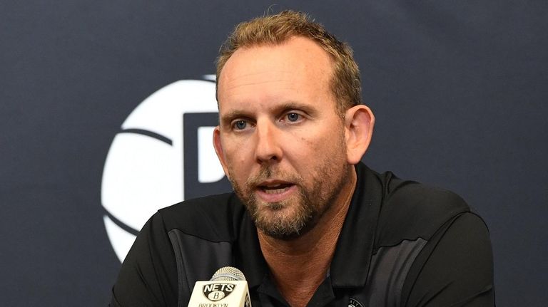 Nets general manager Sean Marks speaks to the