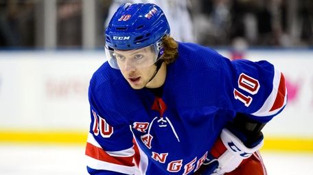 Artemi Panarin #10 of the Rangers looks on