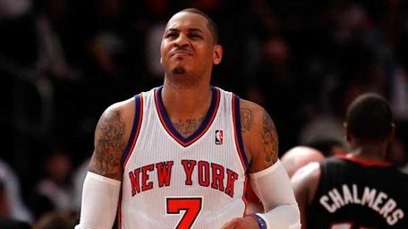 Carmelo Anthony #7 of the Knicks reacts in