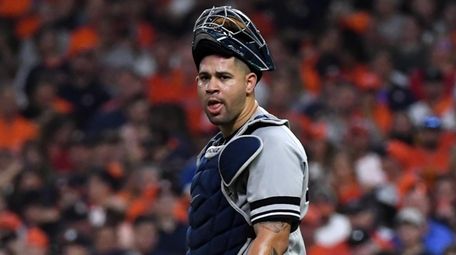 Yankees catcher Gary Sanchez reacts after a passed