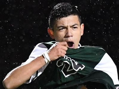 BrentwoodÕs Juan Gomez reacts after he scores on