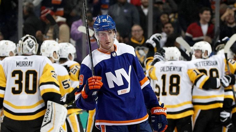 Brock Nelson #29 of the Islanders skates off