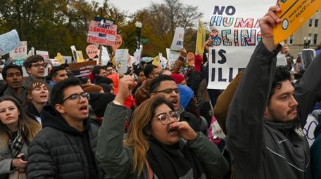 Demonstrators gathered in front of the United States
