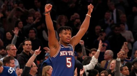 Dennis Smith Jr. #5 of the Knicks reacts