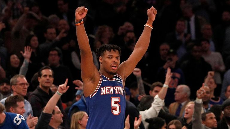 Dennis Smith Jr. #5 of the Knicks reacts
