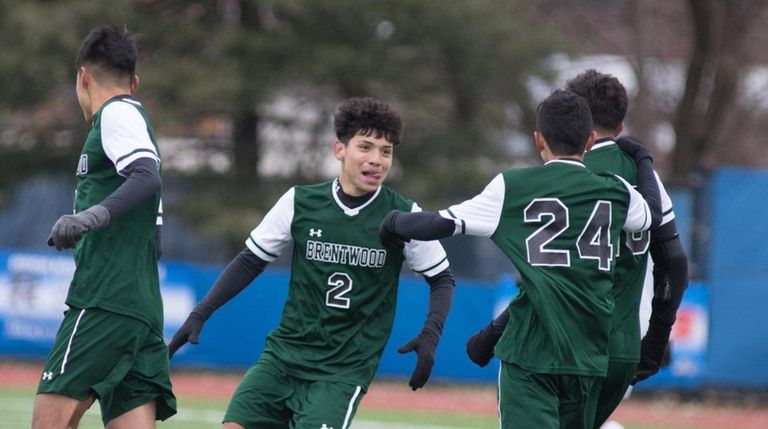 Brentwood celebrates a goal during the NYSPHSAA boys