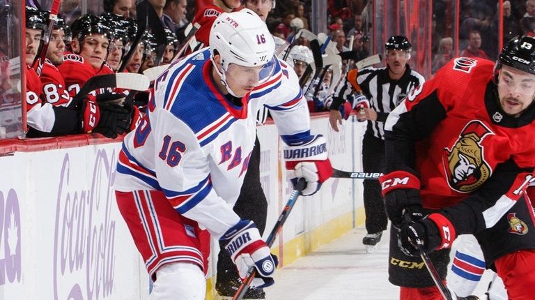 Ryan Strome of the Rangers makes a pass