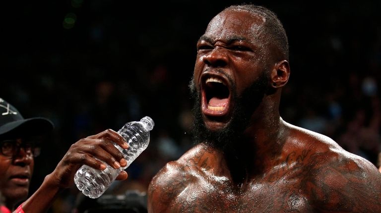 WBC heavyweight champion Deontay Wilder celebrates after knocking