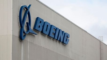 The Boeing logo is pictured at the Boeing
