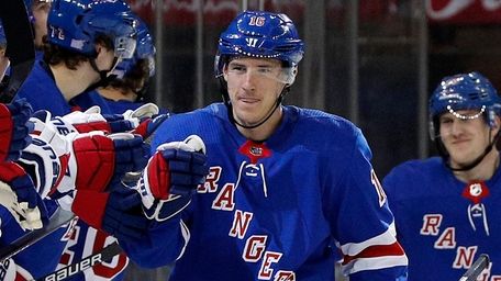Ryan Strome of the Rangers celebrates his goal