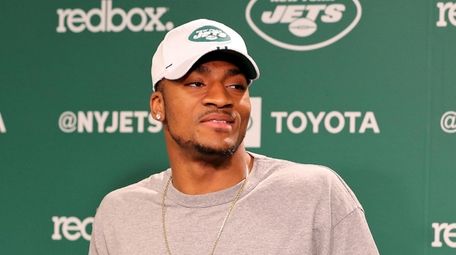 Jets rookie Blessuan Austin speaks at the rookie