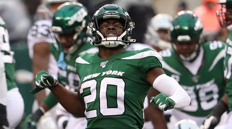 Marcus Maye of the Jets celebrates a fourth