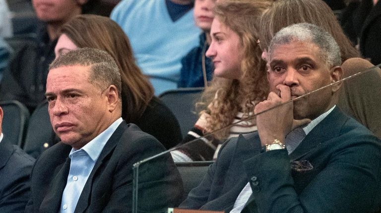 Knicks president Steve Mills, right, and general manager