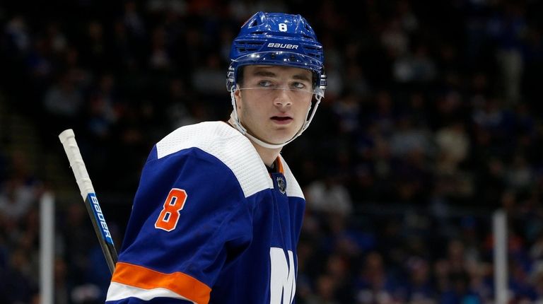 Noah Dobson of the Islanders looks on during
