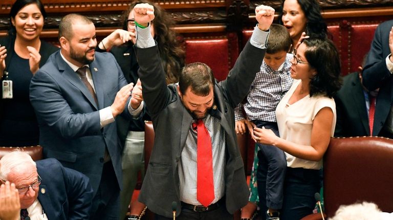 Sen. Luis R. Sepulveda (D-Bronx) center, celebrates after