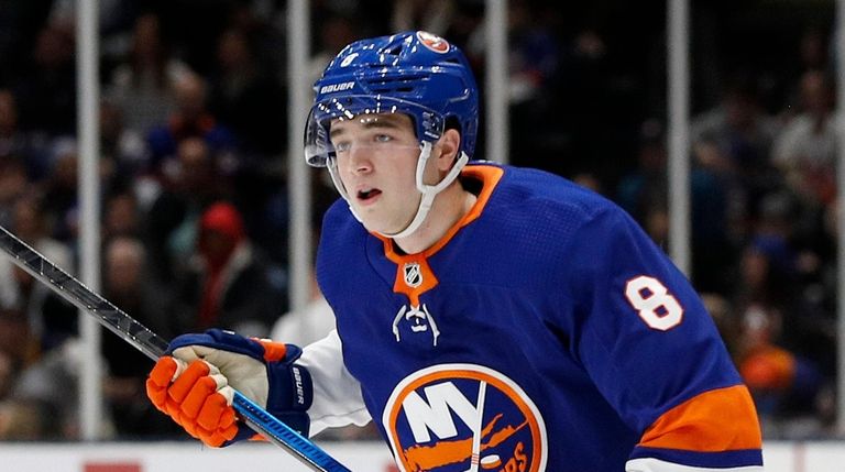 Noah Dobson #8 of the Islanders looks on